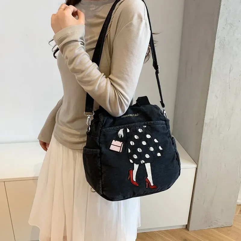 Tas Ransel Wanita Bahan PU Sintetis Motif Print Warna Hitam Bentuk Kotak Tali Pilihan Reseller