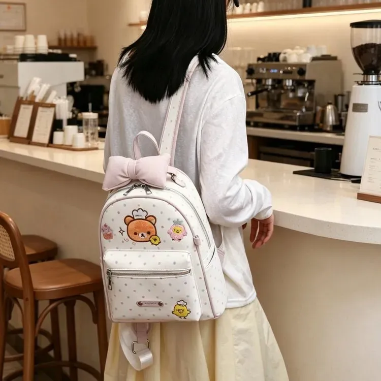 Tas Ransel Wanita Bahan PU Sintetis Motif Polkadot Warna Putih Bentuk Kotak Tali Harga Grosir
