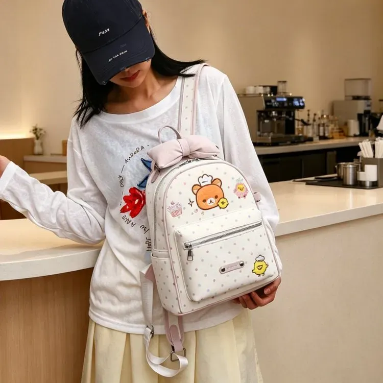 Tas Ransel Wanita Bahan PU Sintetis Motif Polkadot Warna Putih Bentuk Kotak Tali Harga Grosir