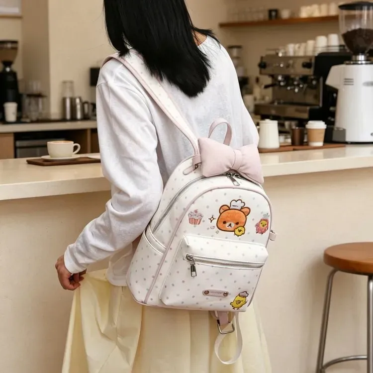 Tas Ransel Wanita Bahan PU Sintetis Motif Polkadot Warna Putih Bentuk Kotak Tali Harga Grosir