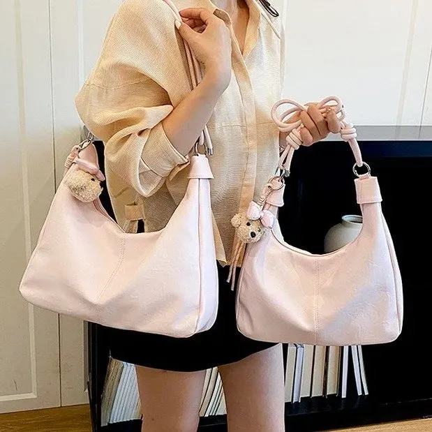 Tas Selempang Wanita Bahan PU Sintetis Polos Warna Biru Model Hobo Tali Panjang