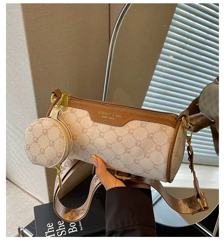Tas Selempang Wanita Bahan PU Sintetis Motif Print Bentuk Bulat Tali Panjang untuk Reseller