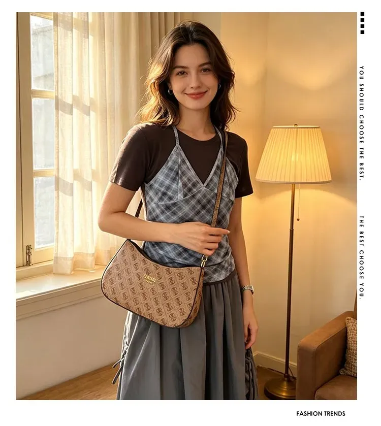 Tas Selempang Wanita Bahan PU Sintetis Motif Print Bentuk Crescent Tali Panjang Grosir Import