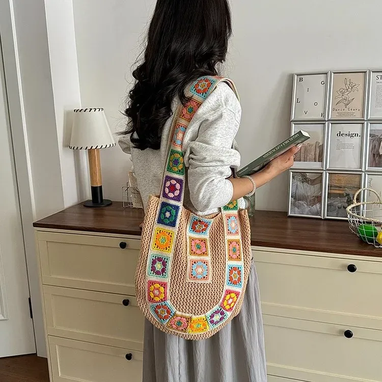 Tas Selempang Wanita Bahan PU Sintetis Motif Square Crochet Berwarna-warni Warna Grosir Import