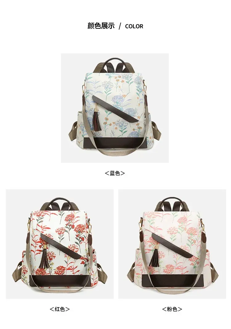 Tas Ransel Wanita Bahan Oxford Motif Floral Warna Putih Bentuk Kotak Tali Lebar Grosir Import