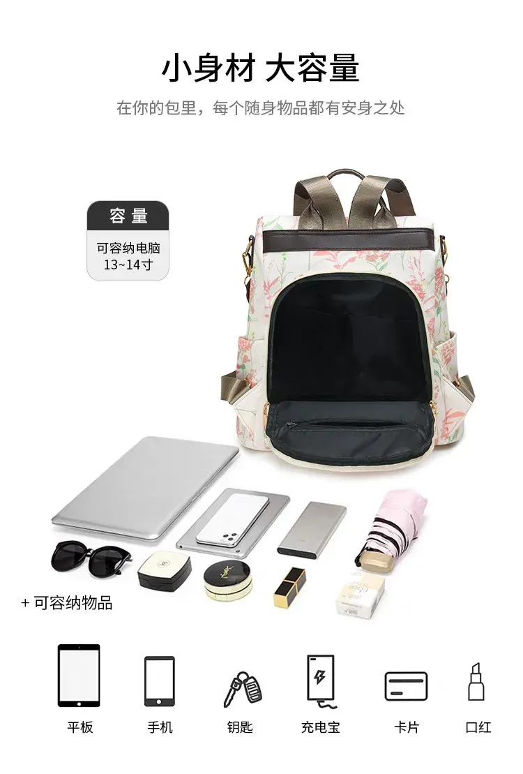 Tas Ransel Wanita Bahan Oxford Motif Floral Warna Putih Bentuk Kotak Tali Lebar Grosir Import
