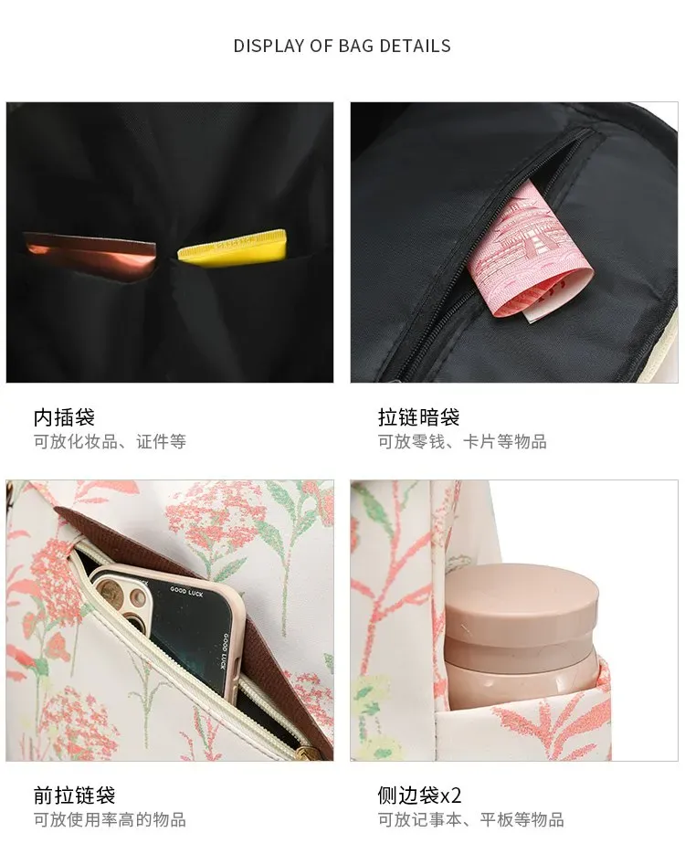 Tas Ransel Wanita Bahan Oxford Motif Floral Warna Putih Bentuk Kotak Tali Lebar Grosir Import