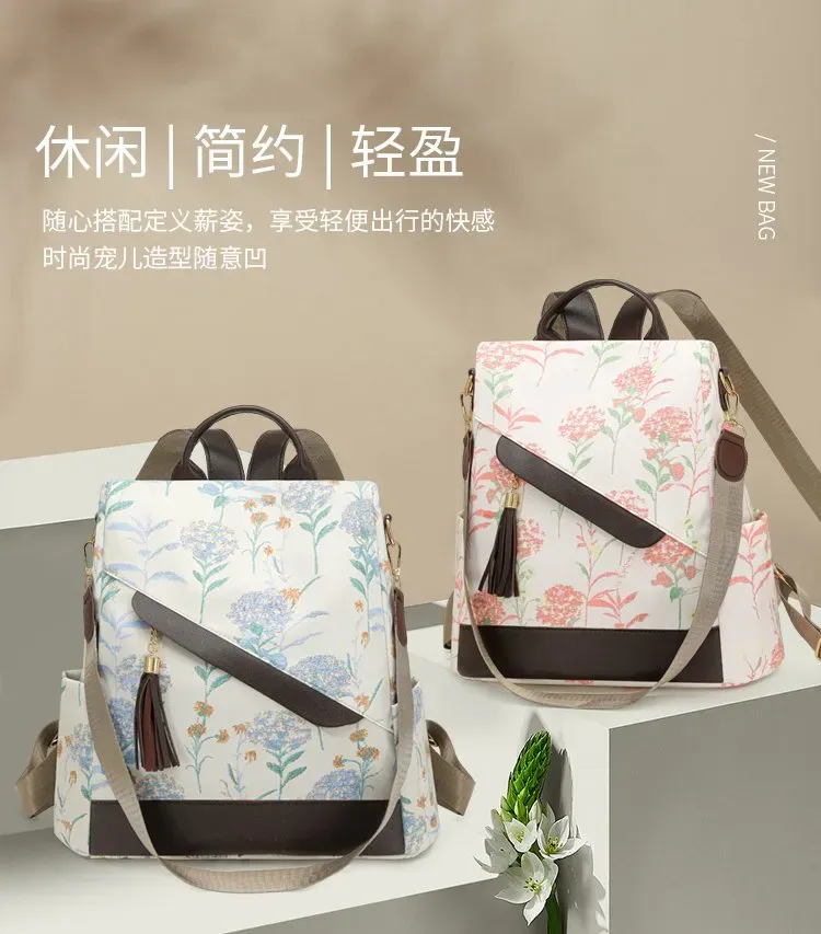 Tas Ransel Wanita Bahan Oxford Motif Floral Warna Putih Bentuk Kotak Tali Lebar Grosir Import