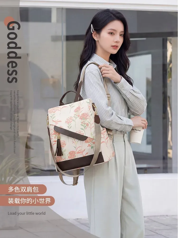 Tas Ransel Wanita Bahan Oxford Motif Floral Warna Putih Bentuk Kotak Tali Lebar Grosir Import