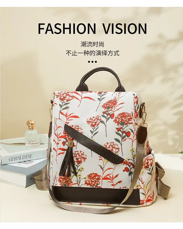 Tas Ransel Wanita Bahan Oxford Motif Floral Warna Putih Bentuk Kotak Tali Lebar Grosir Import