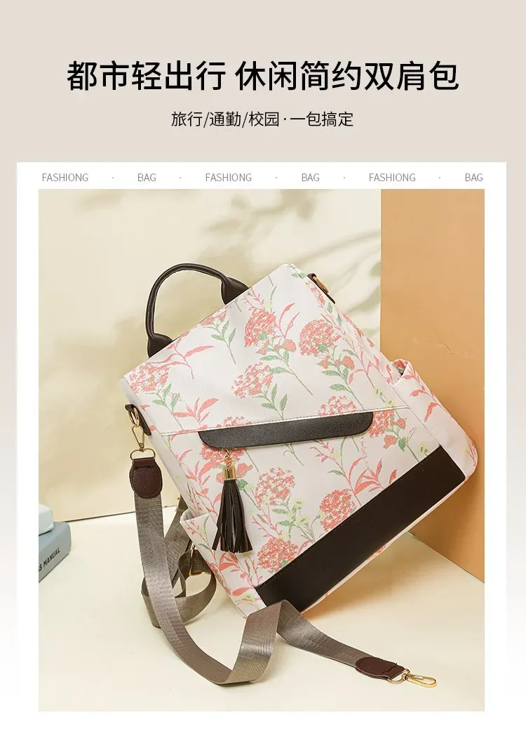 Tas Ransel Wanita Bahan Oxford Motif Floral Warna Putih Bentuk Kotak Tali Lebar Grosir Import