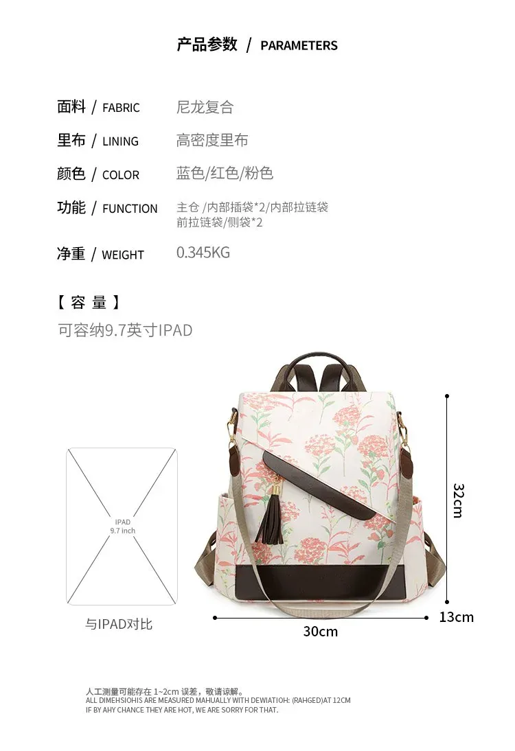 Tas Ransel Wanita Bahan Oxford Motif Floral Warna Putih Bentuk Kotak Tali Lebar Grosir Import