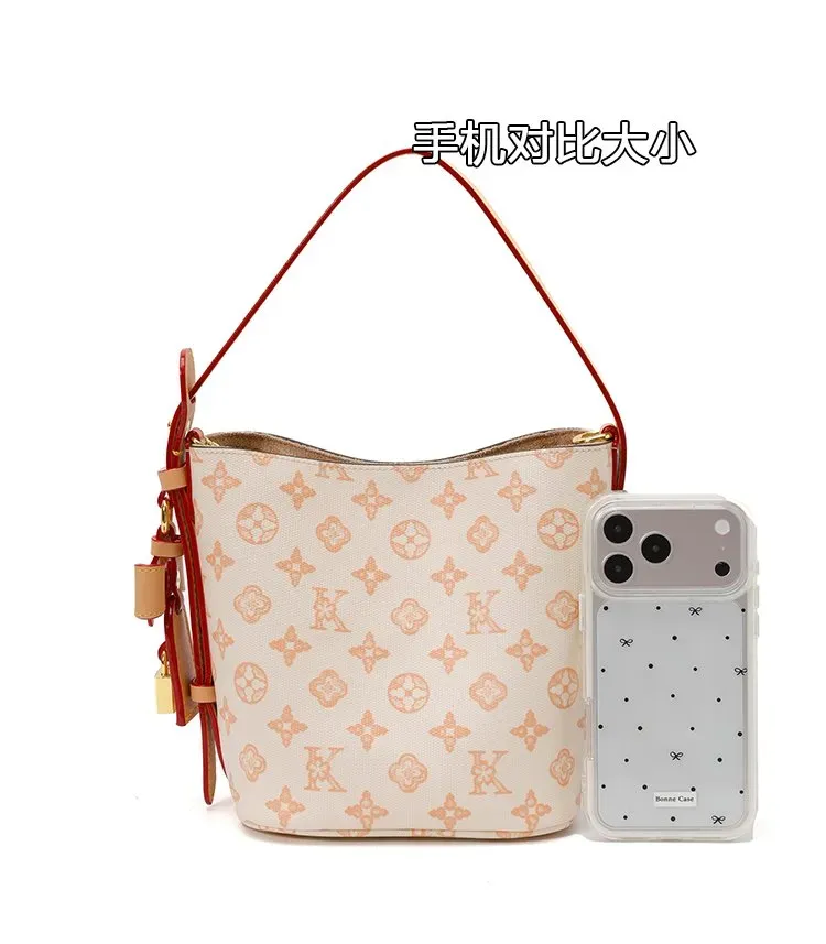 Tas Bucket Wanita Bahan PU Sintetis Motif Print Warna Biru Bentuk Bucket Tali Resleting Grosir
