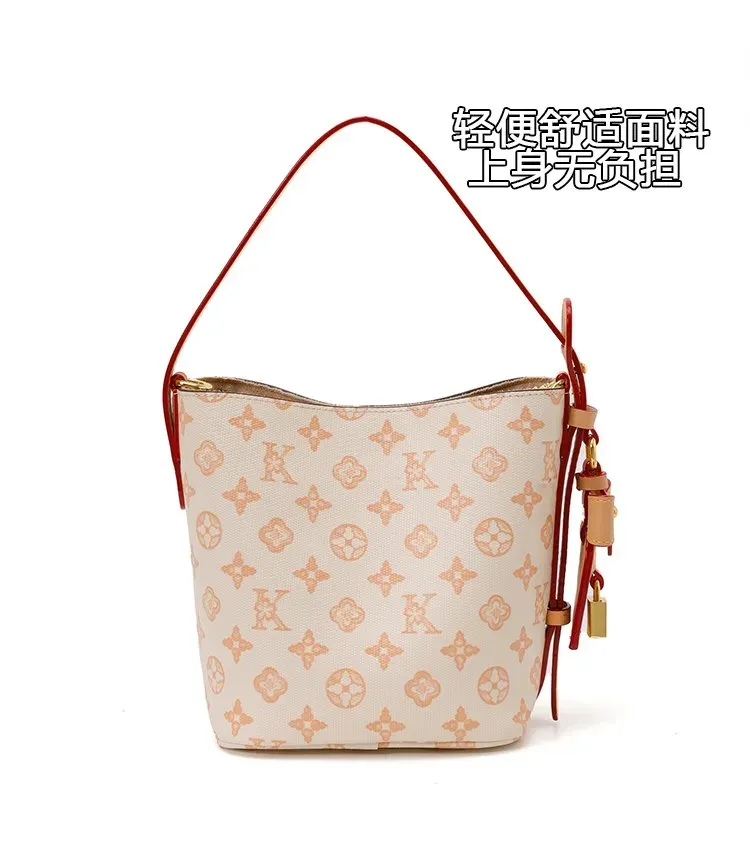 Tas Bucket Wanita Bahan PU Sintetis Motif Print Warna Biru Bentuk Bucket Tali Resleting Grosir