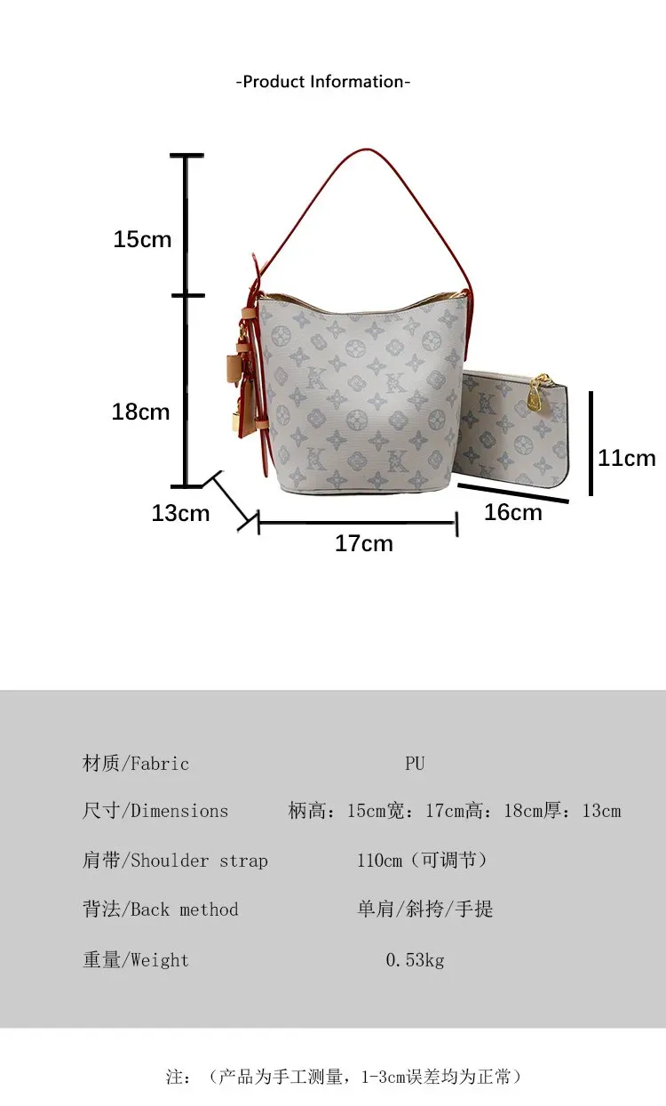 Tas Bucket Wanita Bahan PU Sintetis Motif Print Warna Biru Bentuk Bucket Tali Resleting Grosir