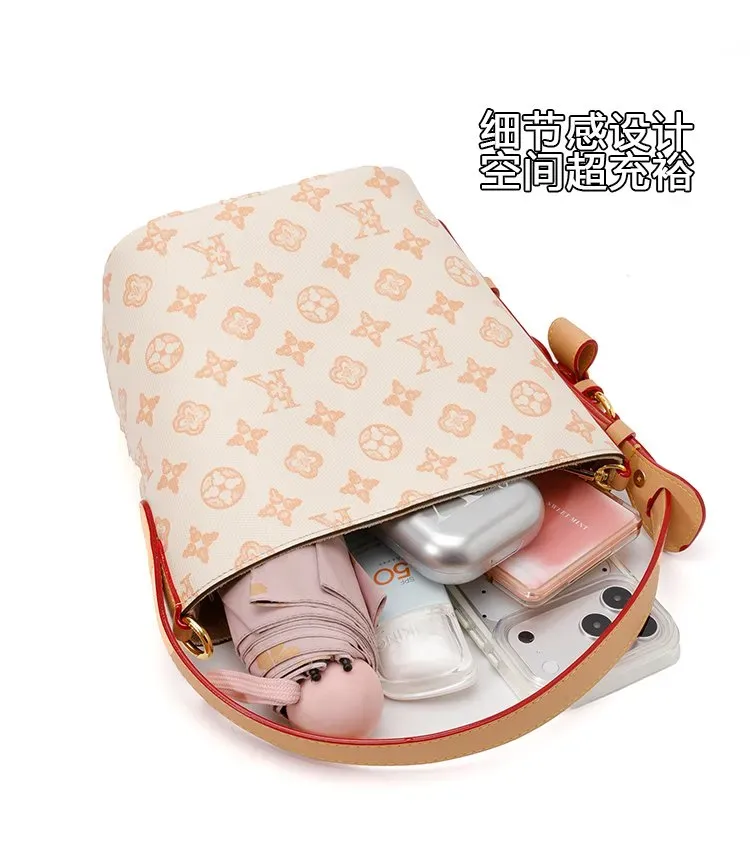 Tas Bucket Wanita Bahan PU Sintetis Motif Print Warna Biru Bentuk Bucket Tali Resleting Grosir