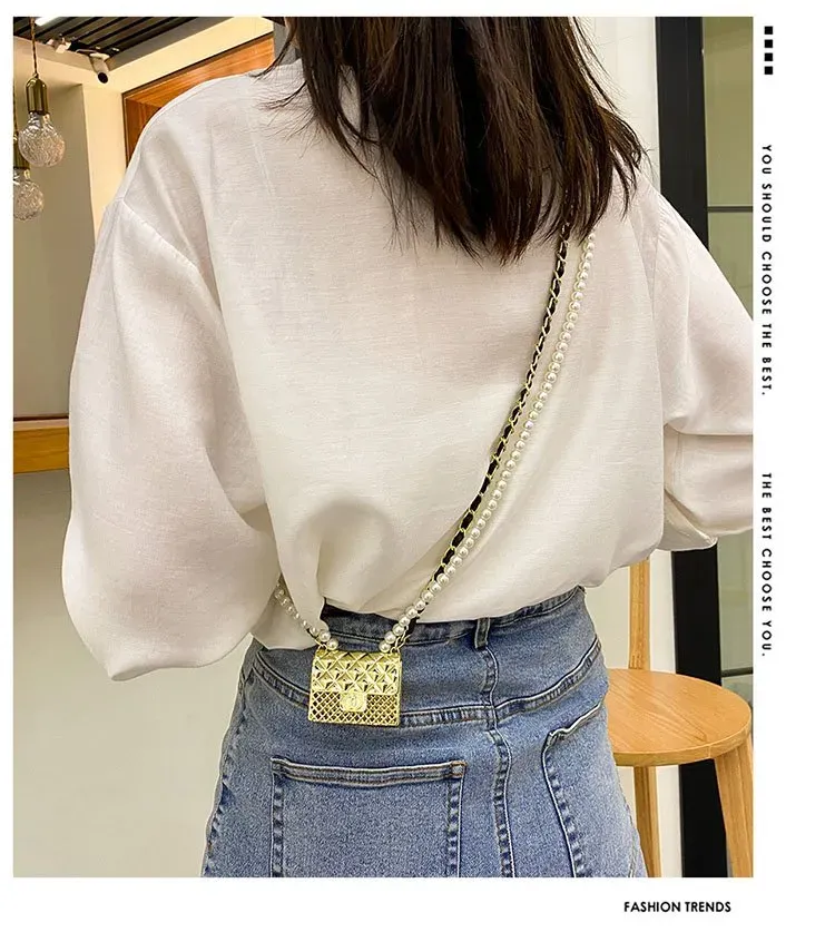 Tas Selempang Wanita Bahan PU Sintetis Model Quilted Warna Gold Bentuk Kotak Grosir Import