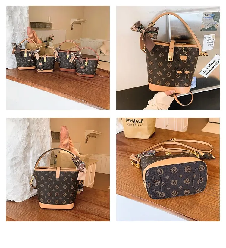 Tas Bucket Wanita Bahan PU Sintetis Motif Print Bentuk Bucket Tali Panjang Resleting Grosir