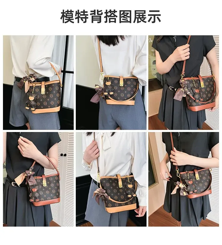 Tas Bucket Wanita Bahan PU Sintetis Motif Print Bentuk Bucket Tali Panjang Resleting Grosir