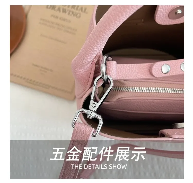 Tas Bucket Wanita Bahan PU Sintetis Polos Warna Pink Bentuk Bucket Tali Panjang Resleting
