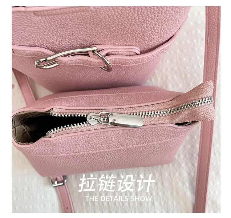 Tas Bucket Wanita Bahan PU Sintetis Polos Warna Pink Bentuk Bucket Tali Panjang Resleting