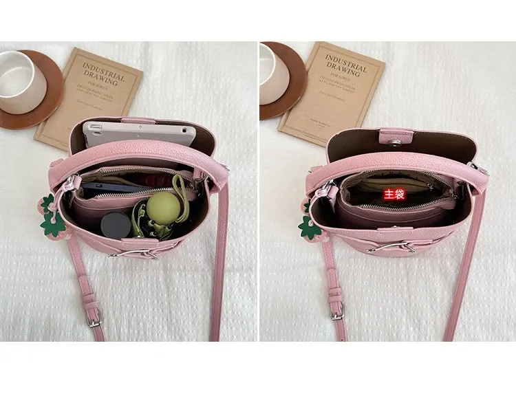 Tas Bucket Wanita Bahan PU Sintetis Polos Warna Pink Bentuk Bucket Tali Panjang Resleting
