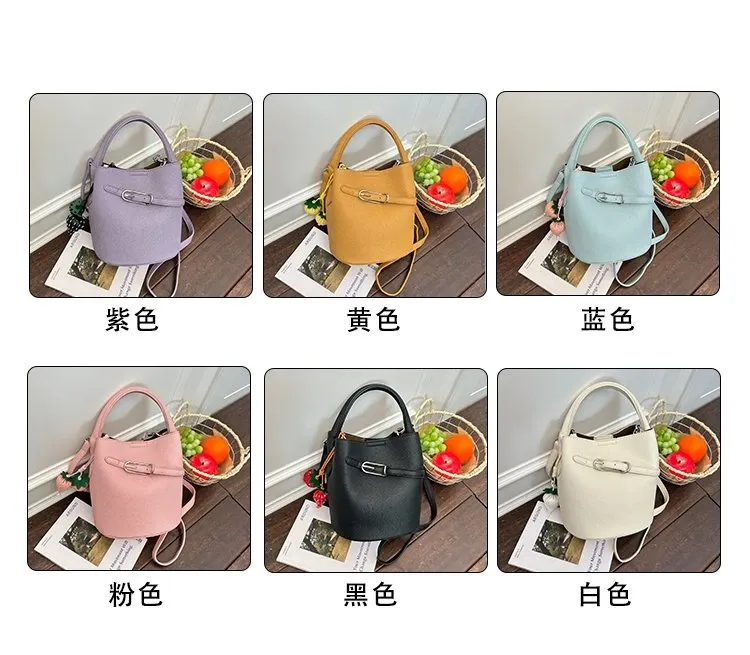 Tas Bucket Wanita Bahan PU Sintetis Polos Warna Pink Bentuk Bucket Tali Panjang Resleting