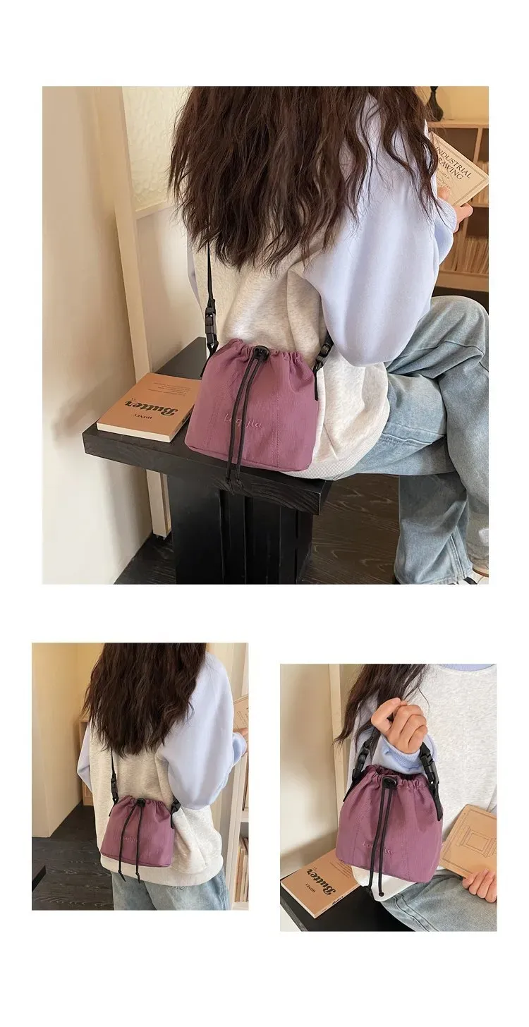 Tas Bucket Wanita Bahan PU Sintetis Polos Bentuk Bucket Tali Panjang Resleting Grosir Import