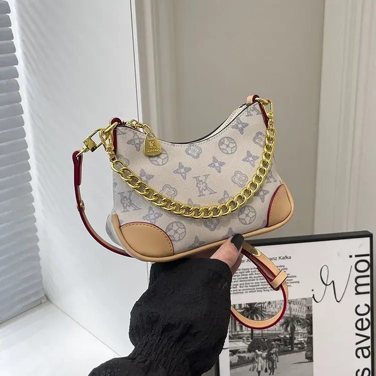 Tas Selempang Wanita Bahan PU Sintetis Motif Print Warna Biru Bentuk Crescent Resleting Grosir