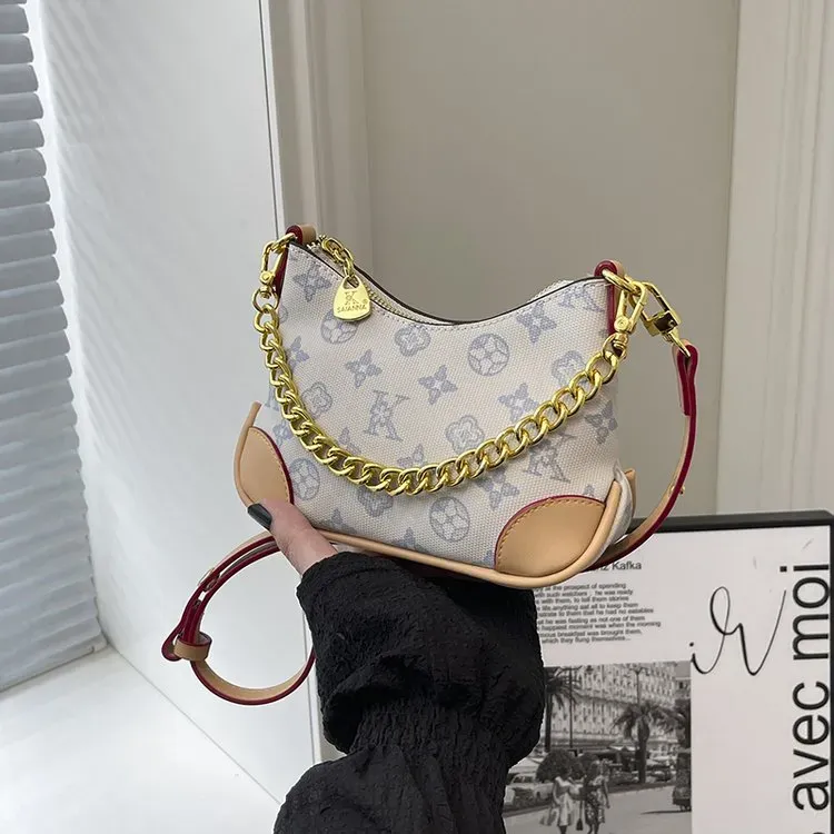 Tas Selempang Wanita Bahan PU Sintetis Motif Print Warna Biru Bentuk Crescent Resleting Grosir