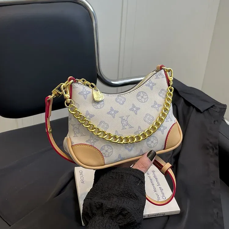 Tas Selempang Wanita Bahan PU Sintetis Motif Print Warna Biru Bentuk Crescent Resleting Grosir