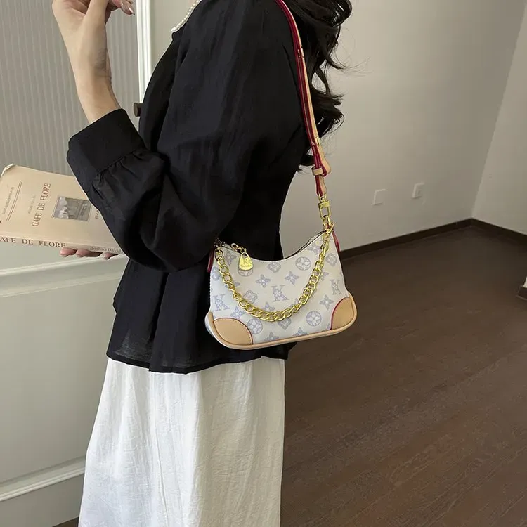 Tas Selempang Wanita Bahan PU Sintetis Motif Print Warna Biru Bentuk Crescent Resleting Grosir