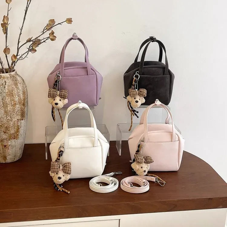 Tas Bucket Wanita Bahan PU Sintetis Polos Warna Biru Bentuk Bucket Tali Lebar Grosir Import