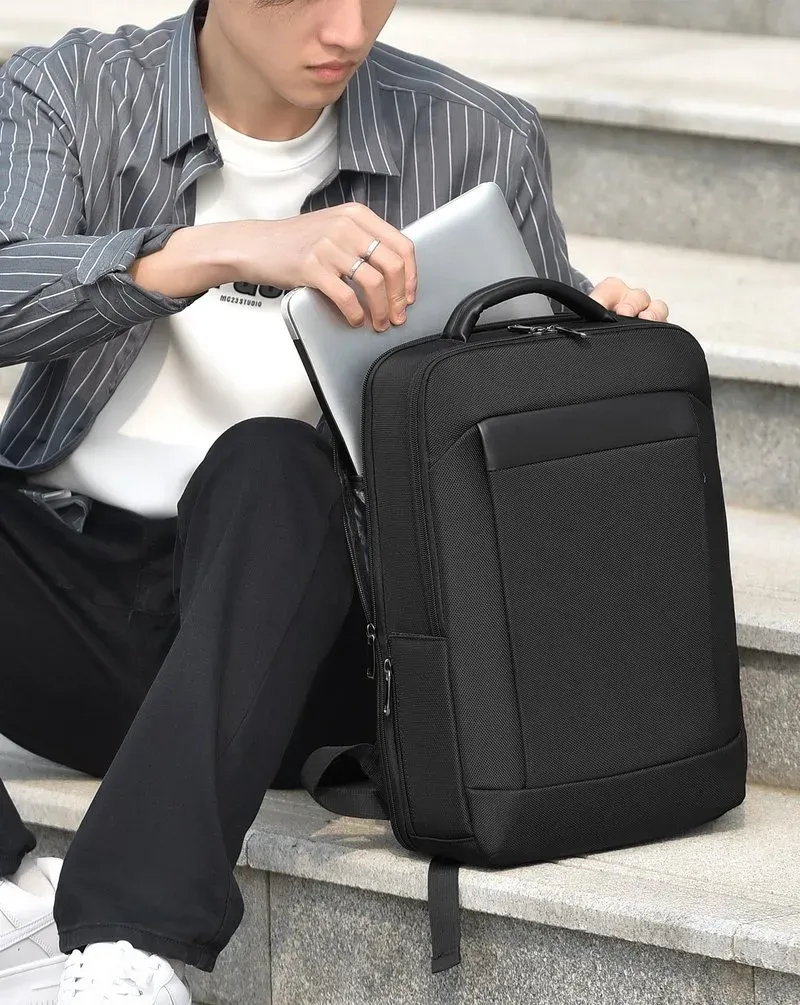 Tas Ransel Pria Bahan Oxford Polos Warna Hitam Bentuk Kotak Tali Lebar Resleting untuk Toko
