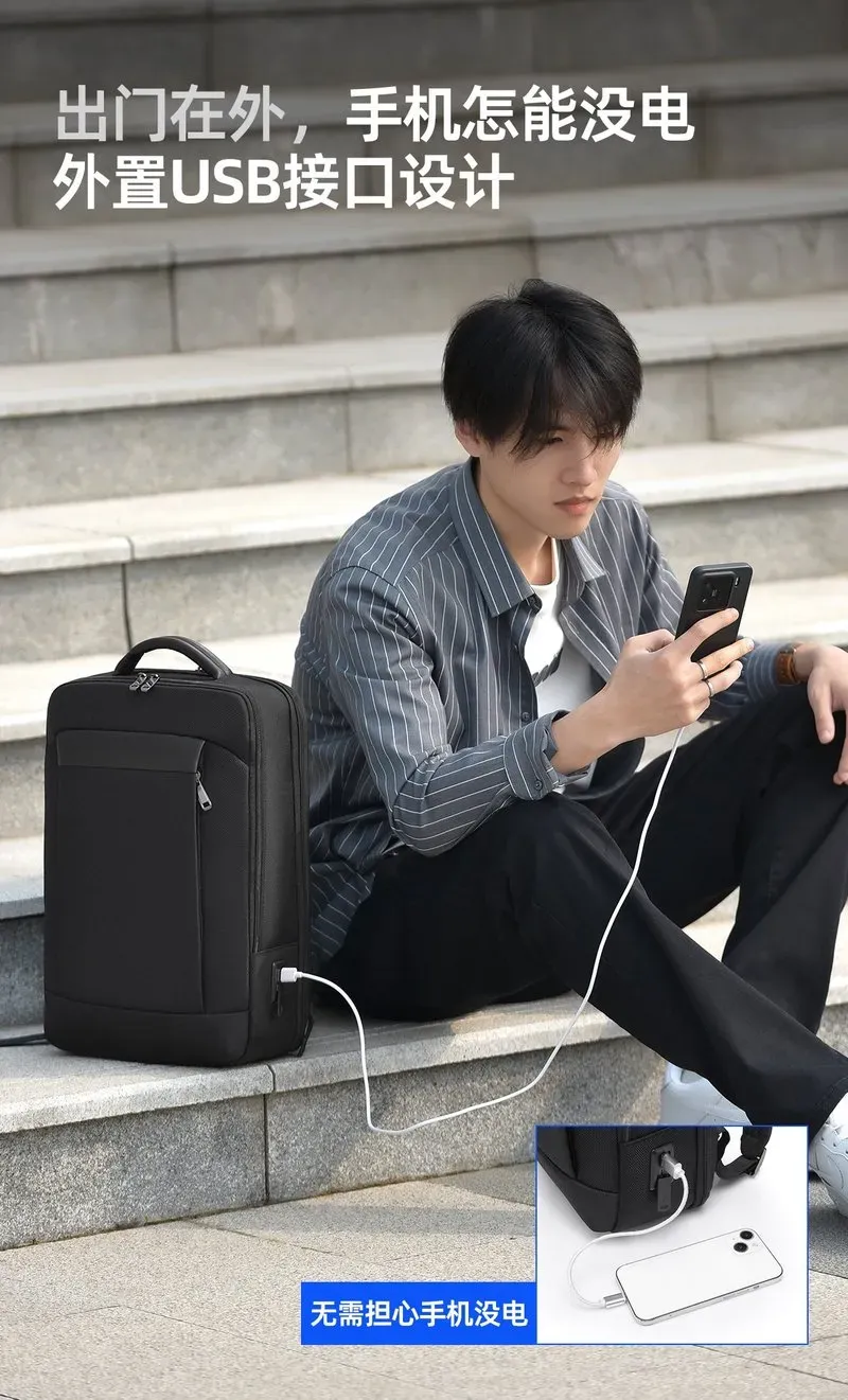 Tas Ransel Pria Bahan Oxford Polos Warna Hitam Bentuk Kotak Tali Lebar Resleting untuk Toko