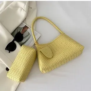 Tas Selempang Wanita Bahan PU Sintetis Tekstur Anyam Warna Kuning Bentuk Kotak Grosir Import