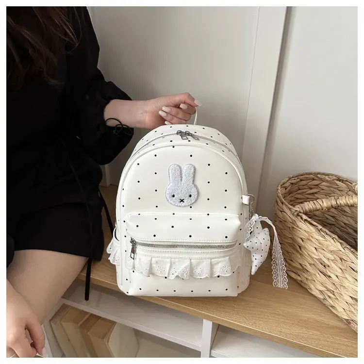 Tas Ransel Wanita Bahan PU Sintetis Motif Polkadot Warna Biru Bentuk Kotak Tali Resleting