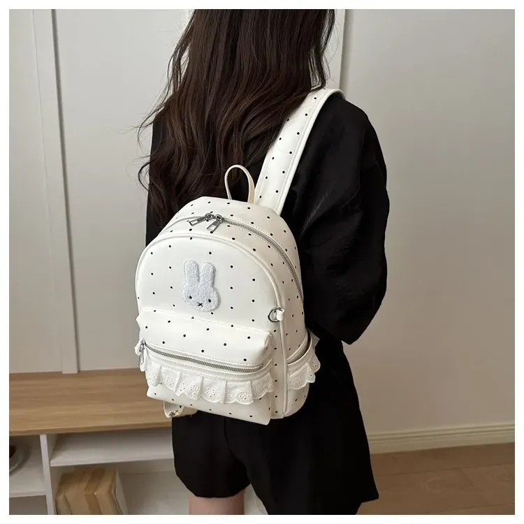 Tas Ransel Wanita Bahan PU Sintetis Motif Polkadot Warna Biru Bentuk Kotak Tali Resleting