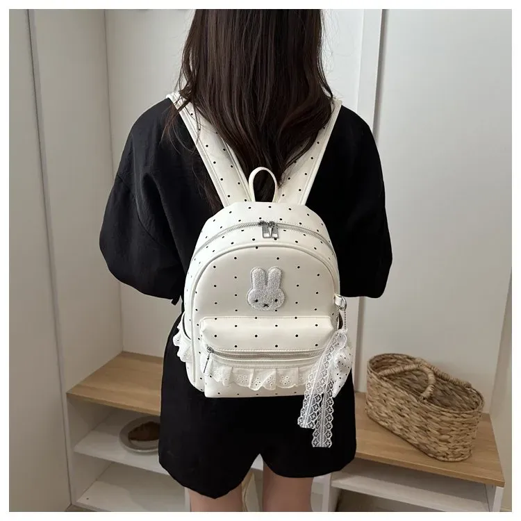 Tas Ransel Wanita Bahan PU Sintetis Motif Polkadot Warna Biru Bentuk Kotak Tali Resleting