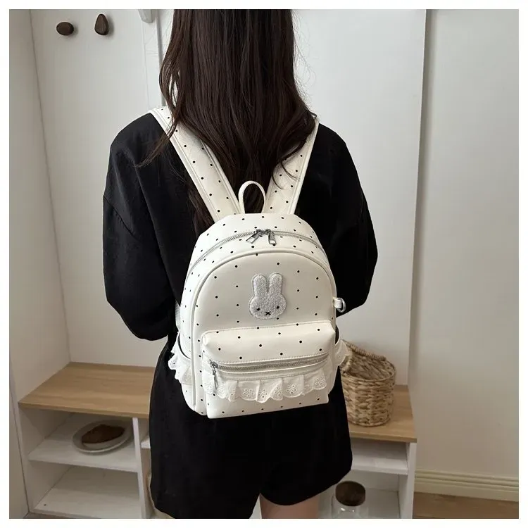 Tas Ransel Wanita Bahan PU Sintetis Motif Polkadot Warna Biru Bentuk Kotak Tali Resleting