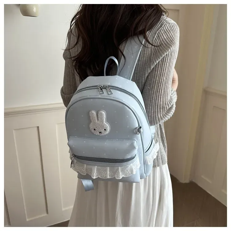 Tas Ransel Wanita Bahan PU Sintetis Motif Polkadot Warna Biru Bentuk Kotak Tali Resleting