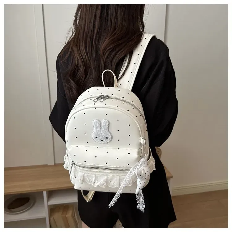 Tas Ransel Wanita Bahan PU Sintetis Motif Polkadot Warna Biru Bentuk Kotak Tali Resleting