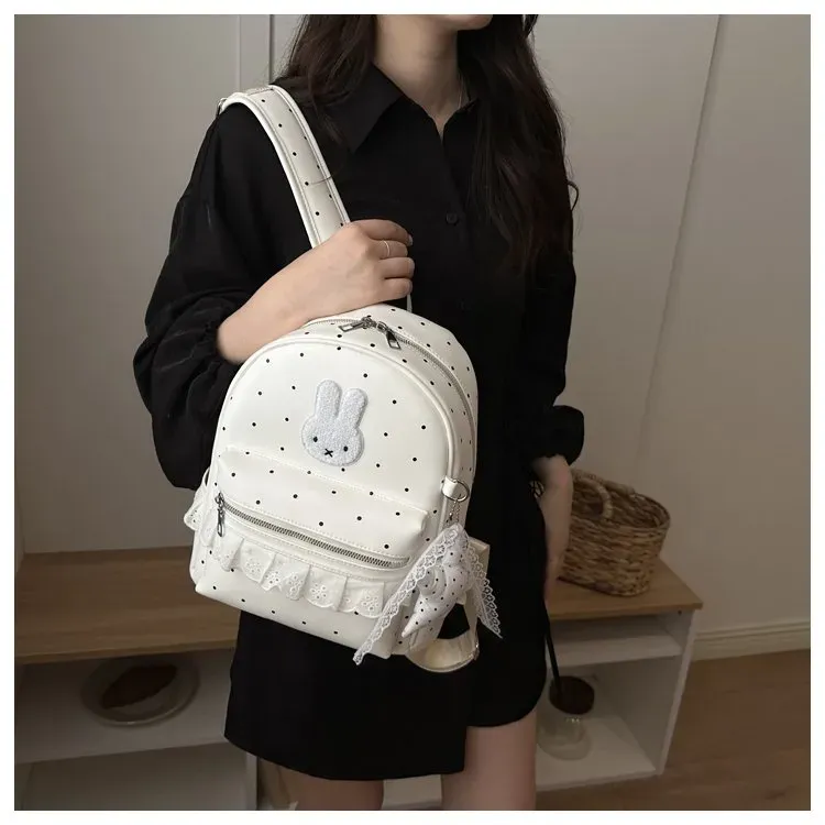 Tas Ransel Wanita Bahan PU Sintetis Motif Polkadot Warna Biru Bentuk Kotak Tali Resleting