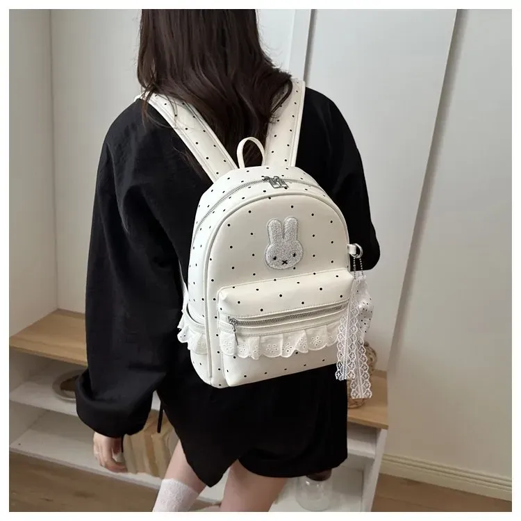 Tas Ransel Wanita Bahan PU Sintetis Motif Polkadot Warna Biru Bentuk Kotak Tali Resleting