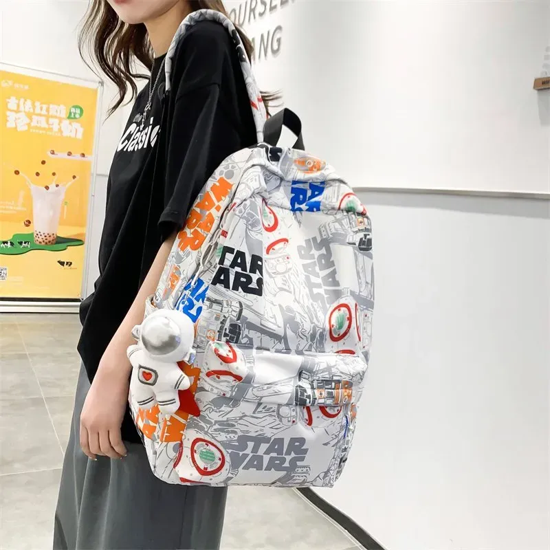 Tas Ransel Wanita Bahan Nylon Motif Print Warna Putih Bentuk Kotak Tali Panjang Grosir Import