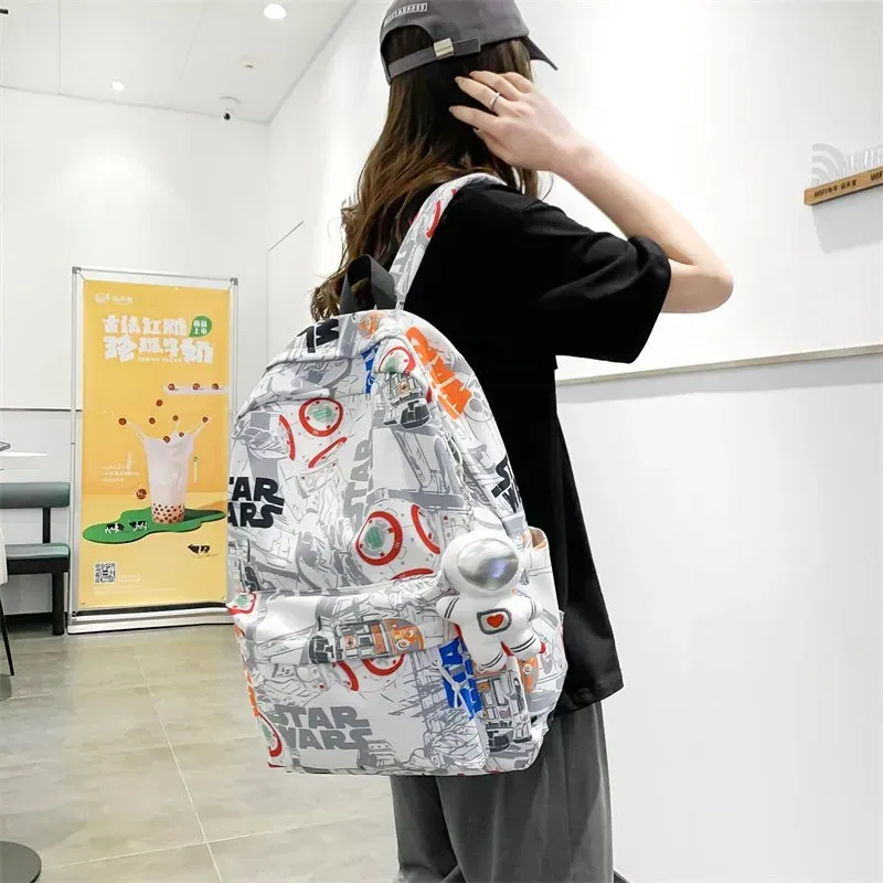 Tas Ransel Wanita Bahan Nylon Motif Print Warna Putih Bentuk Kotak Tali Panjang Grosir Import