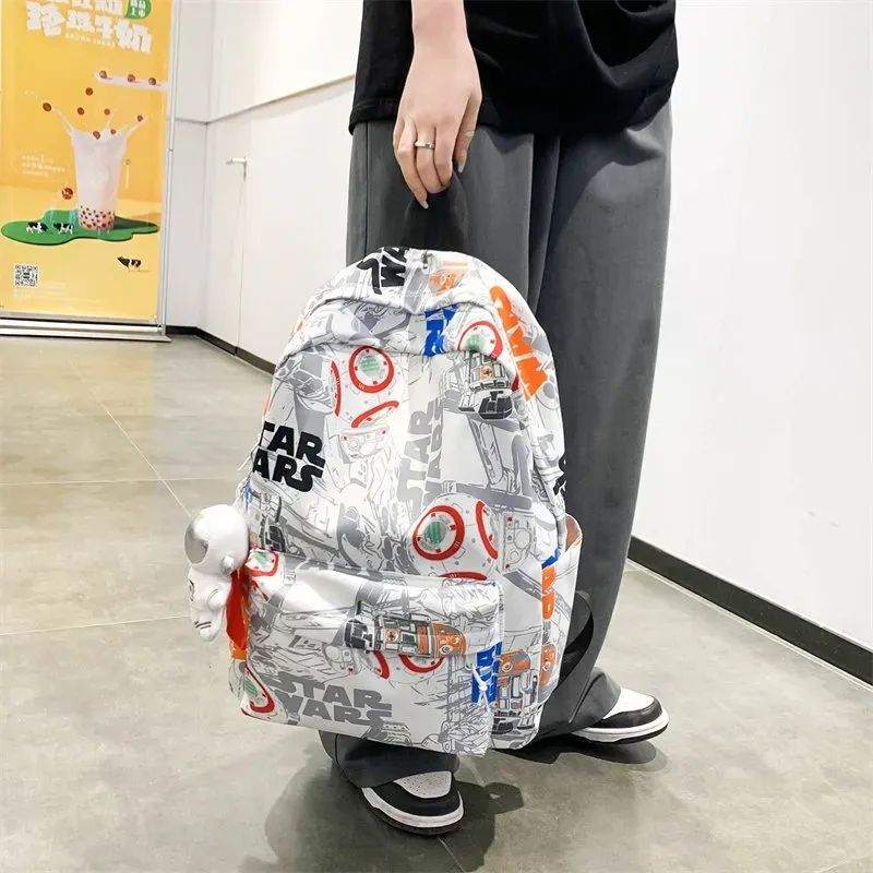 Tas Ransel Wanita Bahan Nylon Motif Print Warna Putih Bentuk Kotak Tali Panjang Grosir Import