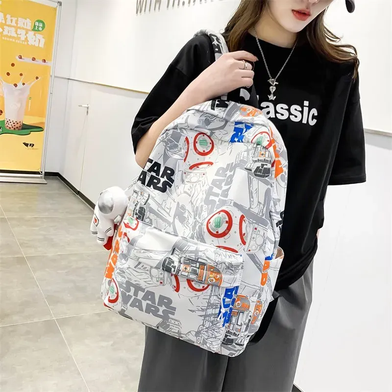 Tas Ransel Wanita Bahan Nylon Motif Print Warna Putih Bentuk Kotak Tali Panjang Grosir Import