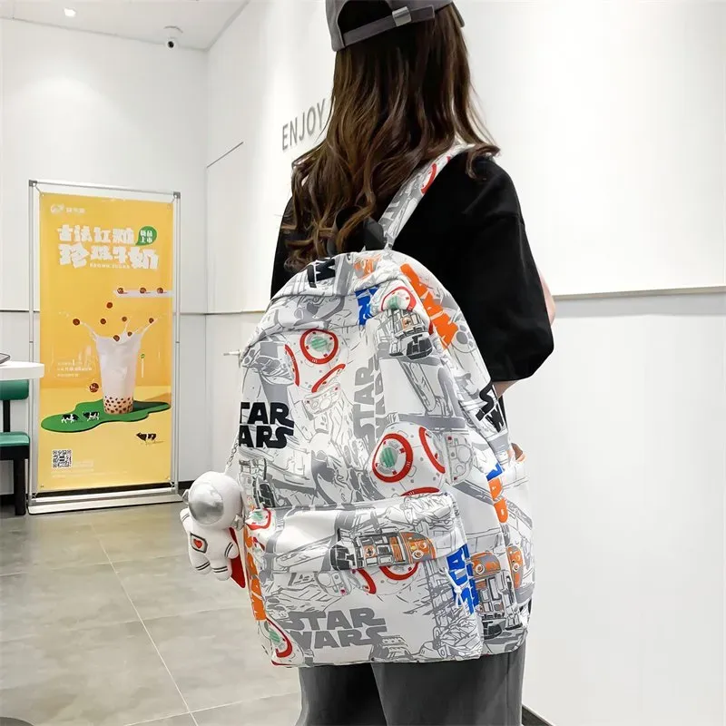 Tas Ransel Wanita Bahan Nylon Motif Print Warna Putih Bentuk Kotak Tali Panjang Grosir Import
