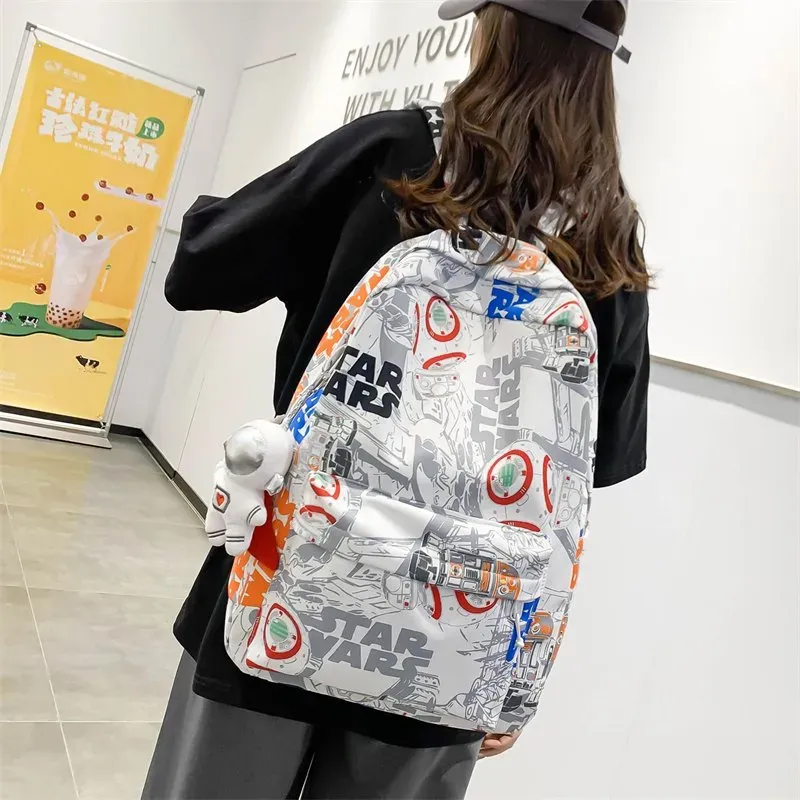 Tas Ransel Wanita Bahan Nylon Motif Print Warna Putih Bentuk Kotak Tali Panjang Grosir Import